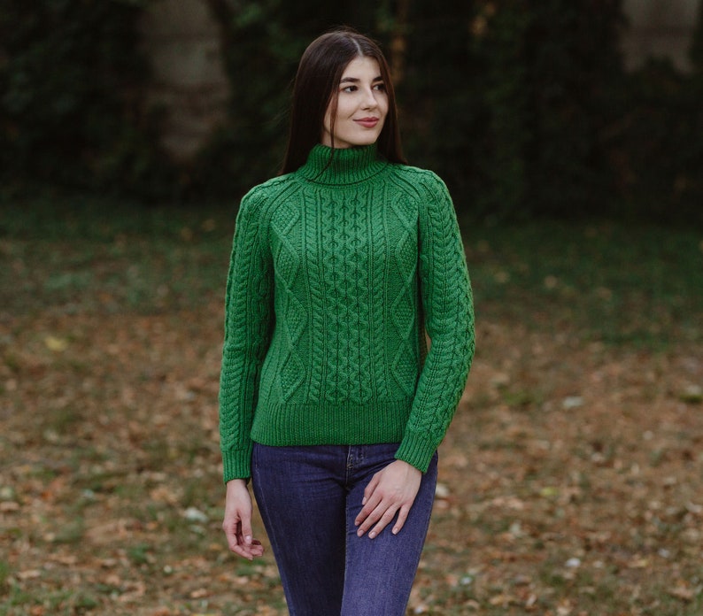 Saol Fisherman Aran Cable Knit Turtle Neck Sweater, Merino Wool Fisherman Jumper for Women, Cable Knit Sweater for Ladies, Made in Ireland Green
