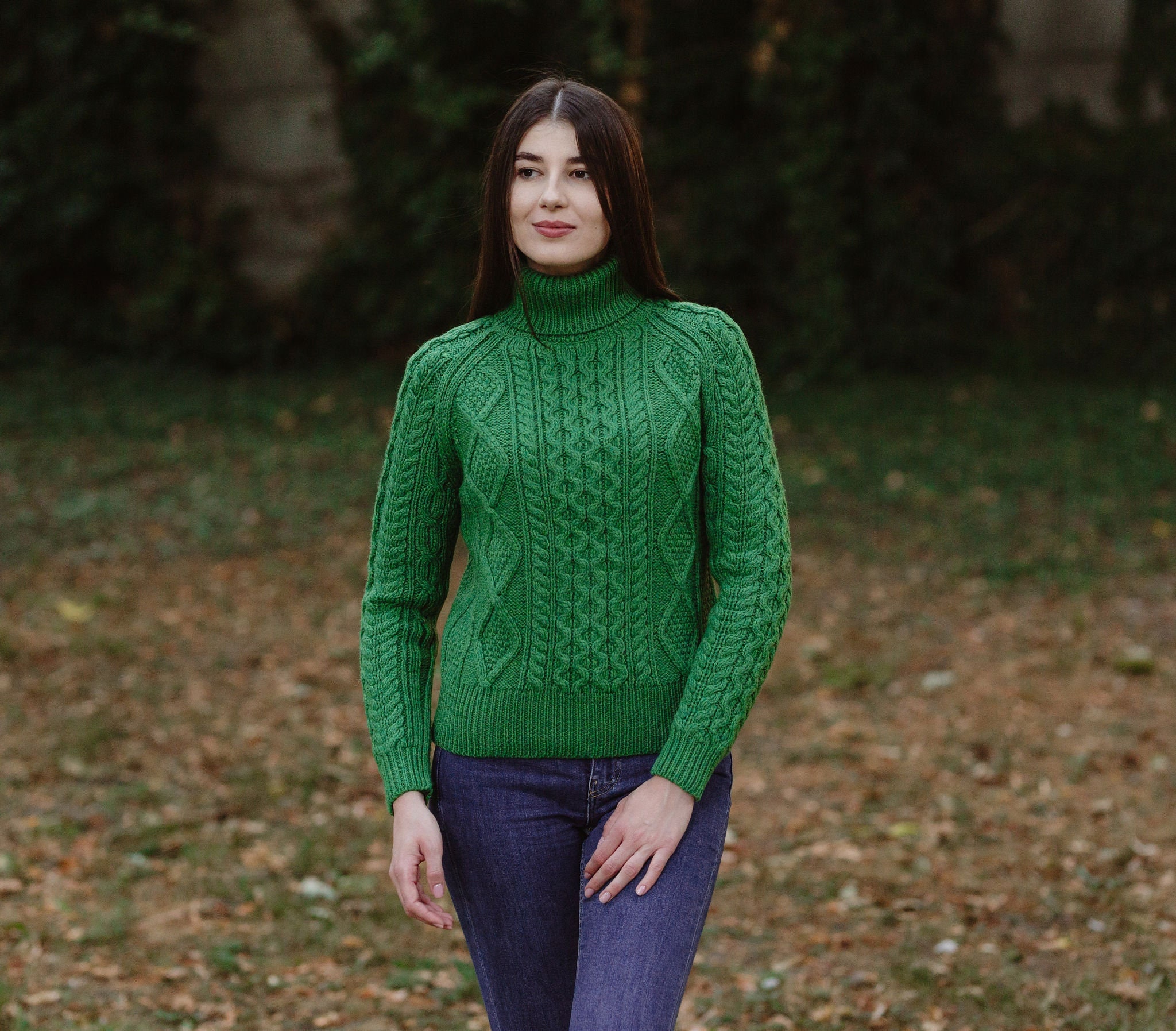 Saol Fisherman Aran Cable Knit Turtle Neck Sweater Merino Wool