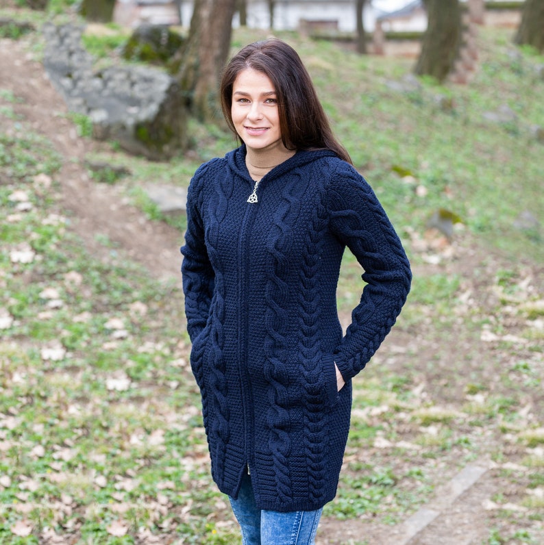 Aran Fisherman Women's Hooded Zip Ireland Cardigan: 100% Merino Wool Cable Rope & Braid Design Irish Soft, Warm Coat Winter/Fall image 7