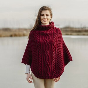 Saol Aran Cowl Neck Wrap Poncho for Women 100% Irish Merino Wool Cape Shawl Aran Knit Mantle Made in Ireland Wine