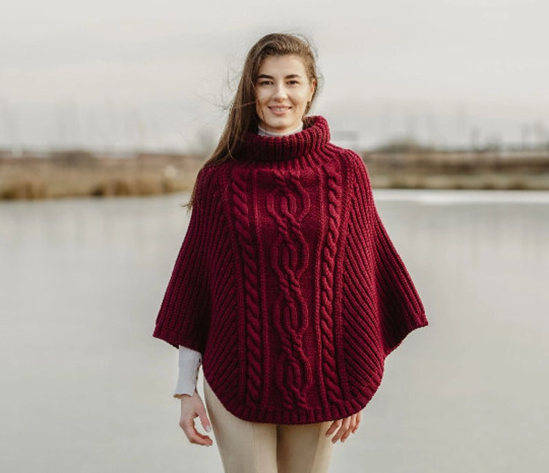 Saol Aran Cowl Neck Wrap Poncho for Women 100% Irish Merino Wool Cape Shawl Aran Knit Mantle Made in Ireland Wine