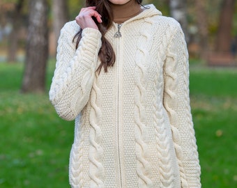Aran Fisherman Cable Rope & Braid Design Coatigan — Irish Women Hooded Zip Ireland Cardigan: 100% Merino Wool — Winter/Fall Soft, Warm Coat