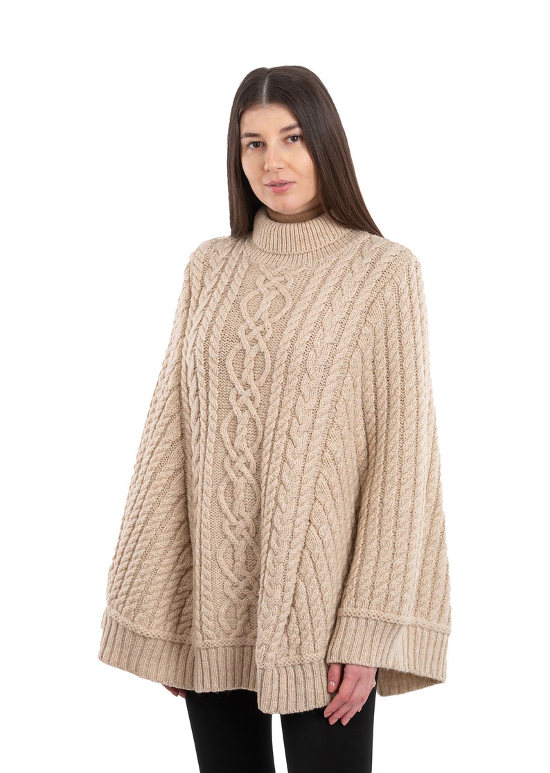 Saol Aran Fisherman Cable Knit Poncho, Turtleneck Merino Wool Poncho, Irish Merino Wool Poncho in White & Wine Color, Made in Ireland Parsnip