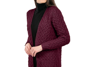 SAOL Aran Irish Fisherman Icon Coat Cardigan Women, Open Front Cardigan with Pockets Ladies, 100% Premium Quality Merino Wool Cardigan