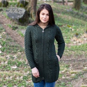 Aran Fisherman Women's Hooded Zip Ireland Cardigan: 100% Merino Wool Cable Rope & Braid Design Irish Soft, Warm Coat Winter/Fall image 3