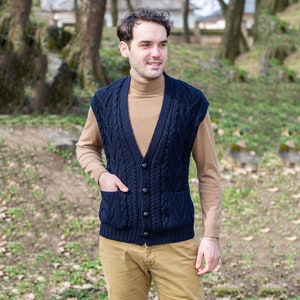 Aran Irish Vest with Buttons & Pockets for Men, 100% Merino Wool Knit Waistcoat, Sleeveless Knit Open Cardigan, Made in Ireland Navy Blue