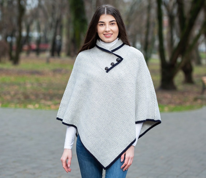 Saol Irish Aran Wool Poncho, Herringbone Poncho Shawl for Ladies, Merino Wool Blend Cape, Knitted Poncho Button Closure, Made in Ireland Gray