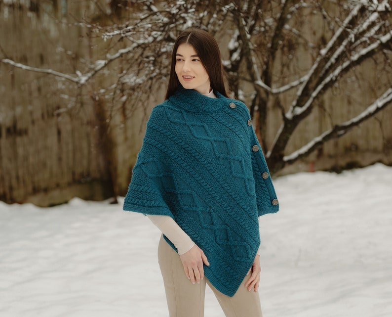 Aran Cowl Neck Poncho Shawl, 100% Merino Cable Knit Poncho, Premium Quality Merino Wool Ruana for Women in 4 Colors, Made In Ireland Teal