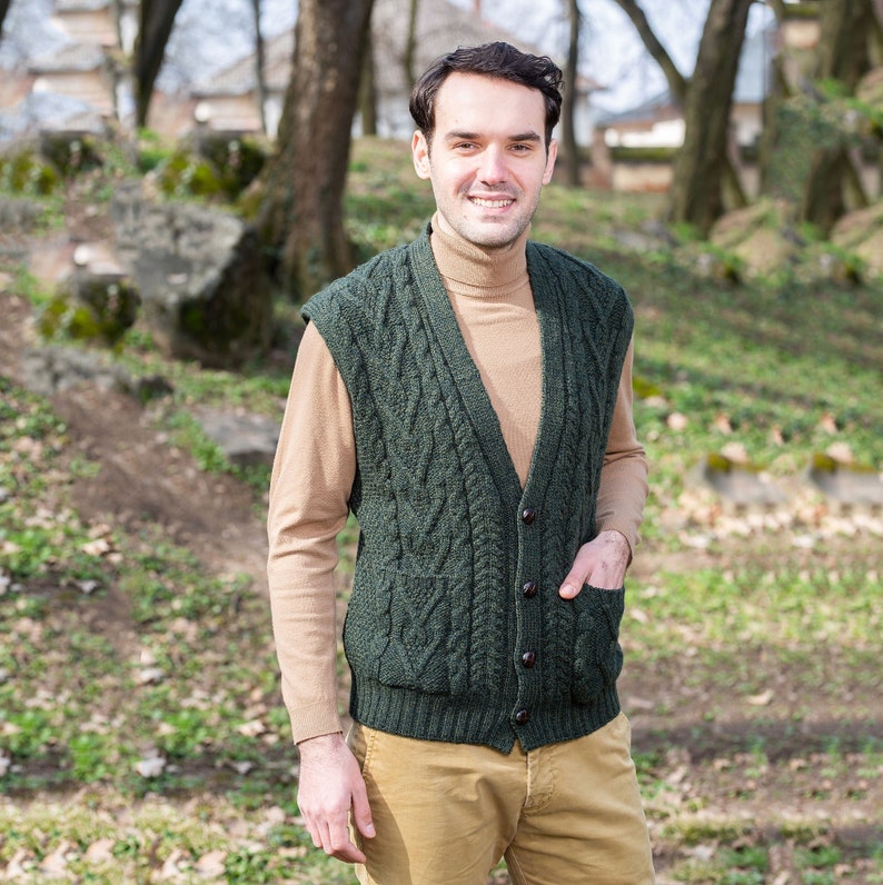 Aran Irish Vest with Buttons & Pockets for Men, 100% Merino Wool Knit Waistcoat, Sleeveless Knit Open Cardigan, Made in Ireland Army Green