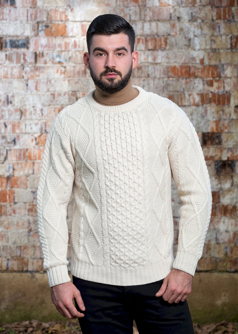 Aran Traditional Crew Neck Cable Knit Ireland Sweater for Men Merino Wool Blend Jumper Soft and Warm Pullover Irish Aran Knitting image 5