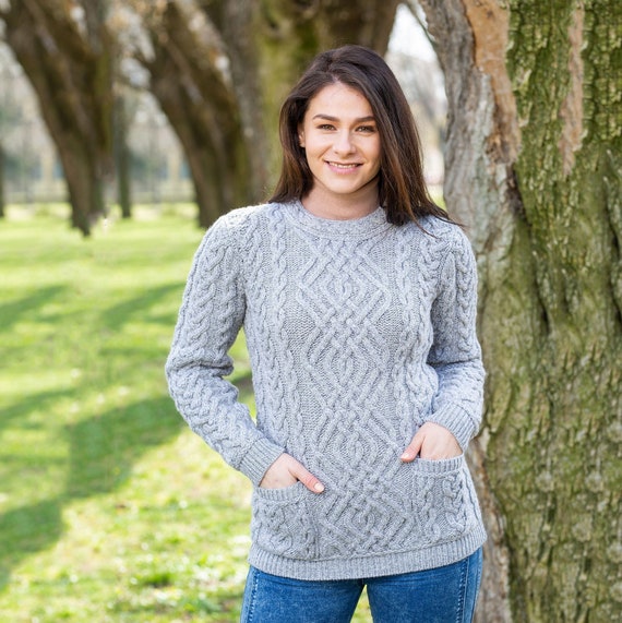 Fisherman Cable Knit Ireland Sweater for Women -- 100% Merino Wool Jumper -- Soft & Warm Pullover -- Crew Neck | Front Pockets