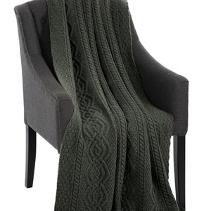 Aran Traditional Irish Heavyweight Throw 100% Merino Wool Cable Knit Fisherman Blanket Wool Cable Knit Knee Blanket Made in Ireland Army Green