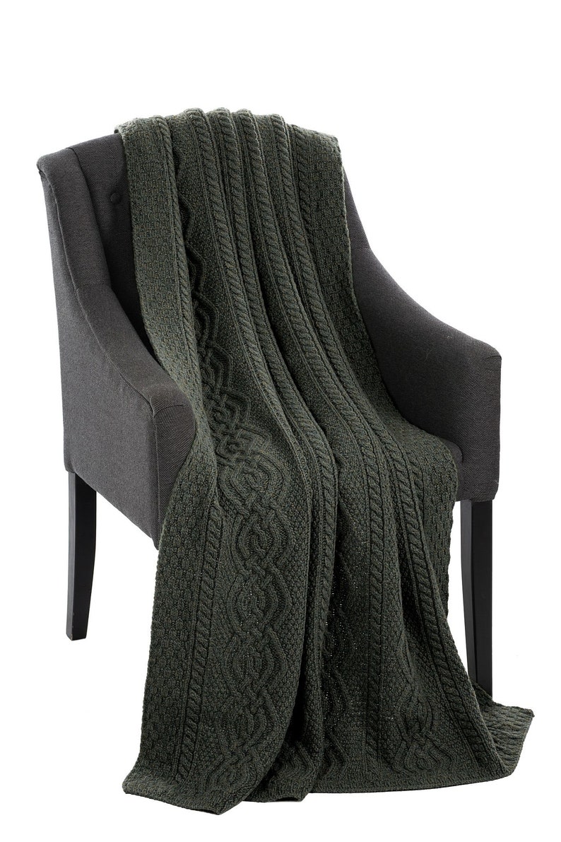 Aran Traditional Irish Heavyweight Throw 100% Merino Wool Cable Knit Fisherman Blanket Wool Cable Knit Knee Blanket Made in Ireland Army Green