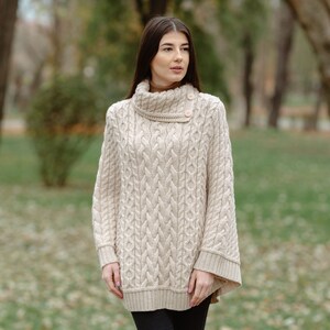 Aran Fisherman Irish Cowl Neck Button Poncho Sweater, 100% Merino Wool Cable Knit Poncho for Ladies, Three Buttoned Cowl Neck Poncho Ruana image 4