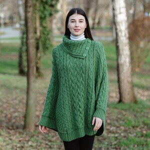 SAOL Fisherman Cowl Neck Button Poncho Ruana for Women, Aran Irish Three Buttoned Cowl Neck Poncho, 100% Merino Wool Cable Knit Poncho Green