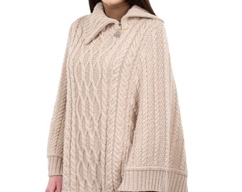 Aran Fisherman Cowl Neck Celtic Zip Poncho, Irish Traditional Heavyweight 100% Premium Quality Merino Wool Poncho Jacket, Made in Ireland