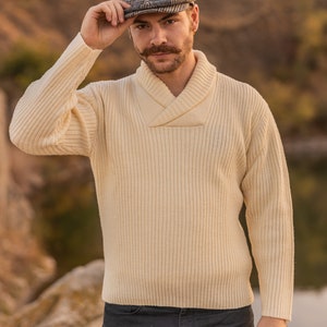 Saol Aran Shawl Collar Fisherman Sweater, 100% Pure Merino Wool Jumper For Men, Irish Knitted Pullover With Shawl Neck, Made In Ireland