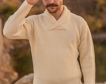 Saol Aran Shawl Collar Fisherman Sweater, 100% Pure Merino Wool Jumper For Men, Irish Knitted Pullover With Shawl Neck, Made In Ireland