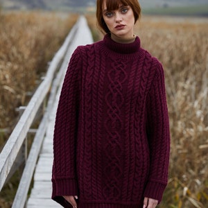 Aran Fisherman Turtleneck Cable Knit Poncho for Ladies, Turtleneck Merino Wool Poncho, Irish Merino Wool Poncho, Made in Ireland Wine