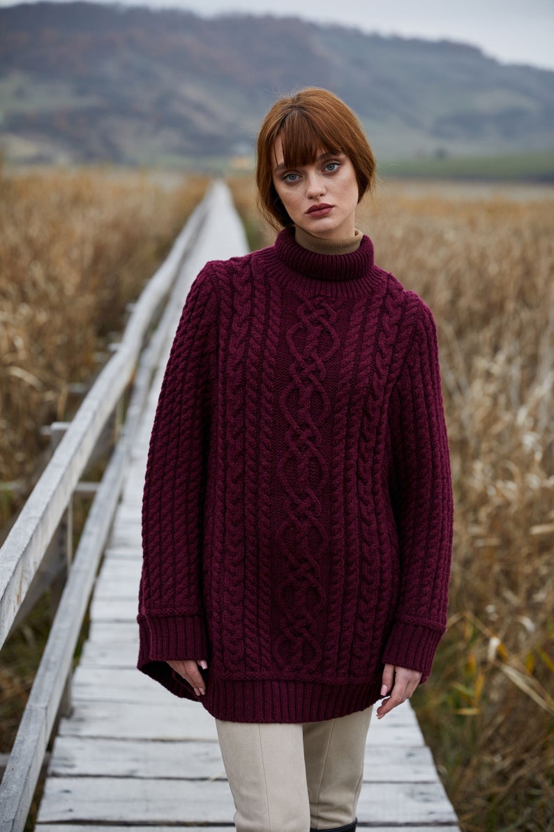 Aran Fisherman Turtleneck Cable Knit Poncho for Ladies, Turtleneck Merino Wool Poncho, Irish Merino Wool Poncho, Made in Ireland Wine