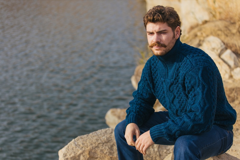 Aran Fisherman Half Zip Sweater Cardigan, 100% Pure Merino Wool Cable Knit Cardigan for Men, Made in Ireland image 2