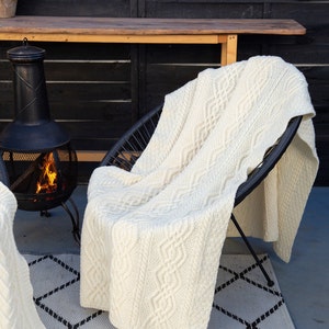 Aran Traditional Irish Heavyweight Throw 100% Merino Wool Cable Knit Fisherman Blanket Wool Cable Knit Knee Blanket Made in Ireland White