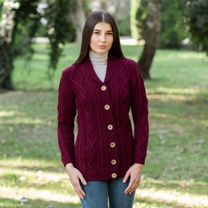 Aran Traditional Ladies Shawl Neck Cardigan Sweater for Women, V-neck Shawl Collar Cardigan for Ladies, Irish Fisherman Buttoned Cardigan image 5