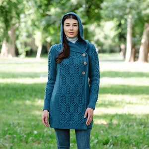 SAOL Aran Leaf Coat Cardigan for Women, Double Breasted Buttoned Cardigan with Hood for Lady, 100 Pure Merino Wool Coat, Made in Ireland Teal