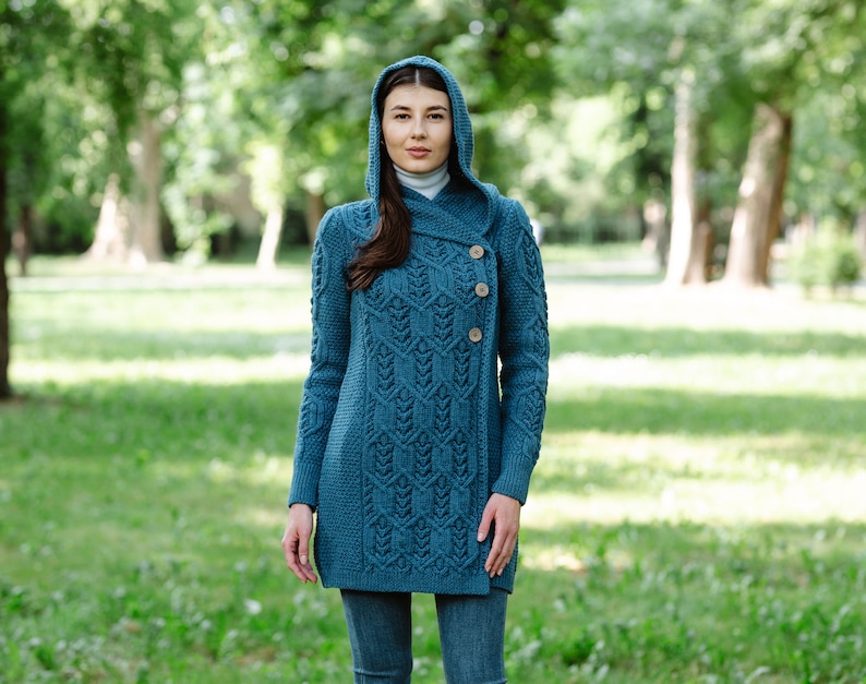 SAOL Aran Leaf Coat Cardigan for Women, Double Breasted Buttoned Cardigan with Hood for Lady, 100 Pure Merino Wool Coat, Made in Ireland Teal