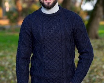 Aran Traditional Crew Neck Cable Knit Ireland Sweater for Men — Merino Wool Blend Jumper — Soft and Warm Pullover — Irish Aran Knitting