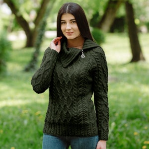 Irish Aran Cable Knit Sweater for Ladies, Fisherman Traditional Turtleneck Half Zipped Jumper for Women, 100% Irish Merino Wool Sweater Army Green