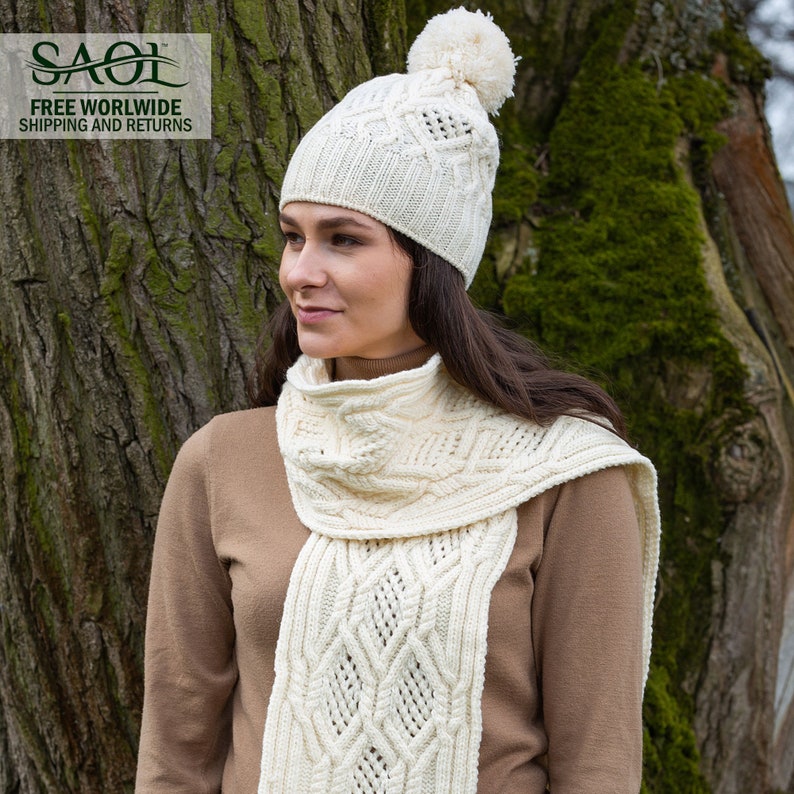 SAOL Aran Cable Knit Scarf for Ladies: 100% Merino Wool Scarf Extra Soft and Super Warm Muffler Irish Aran Knitting Made in Ireland image 7