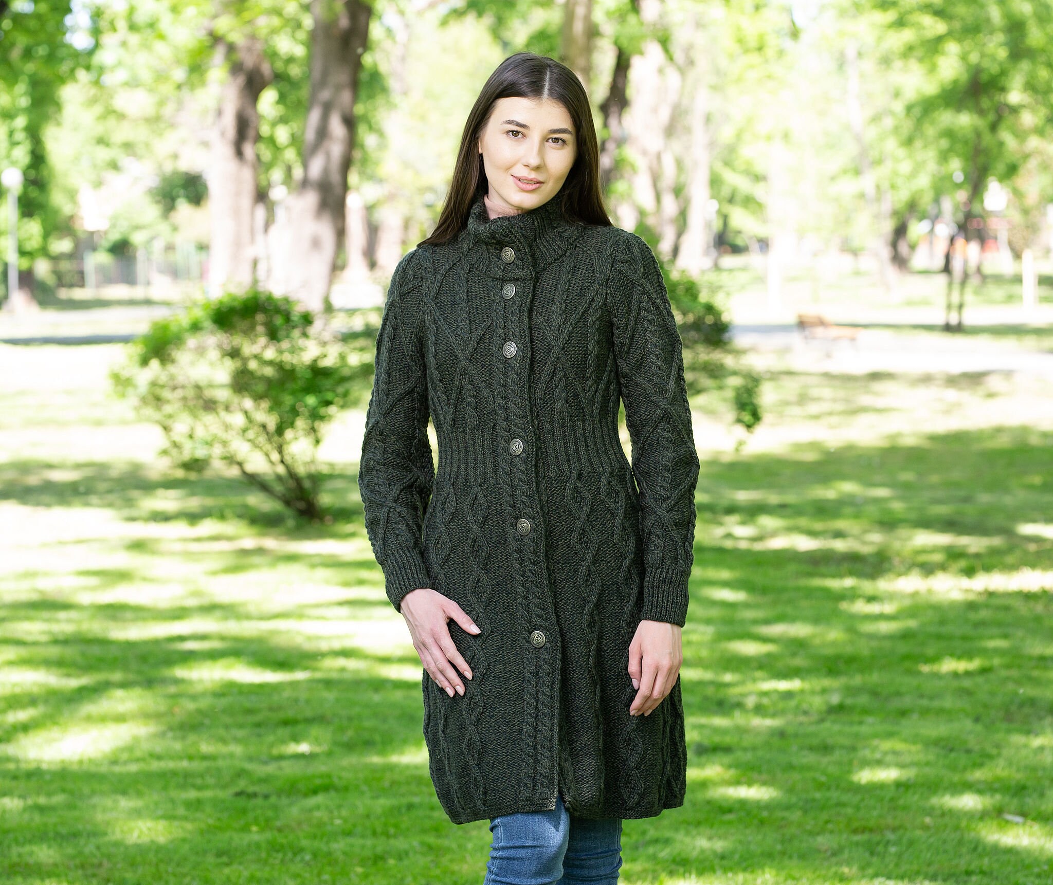 Fisherman Aran Irish Long Coat for Women W Celtic Knot Buttons