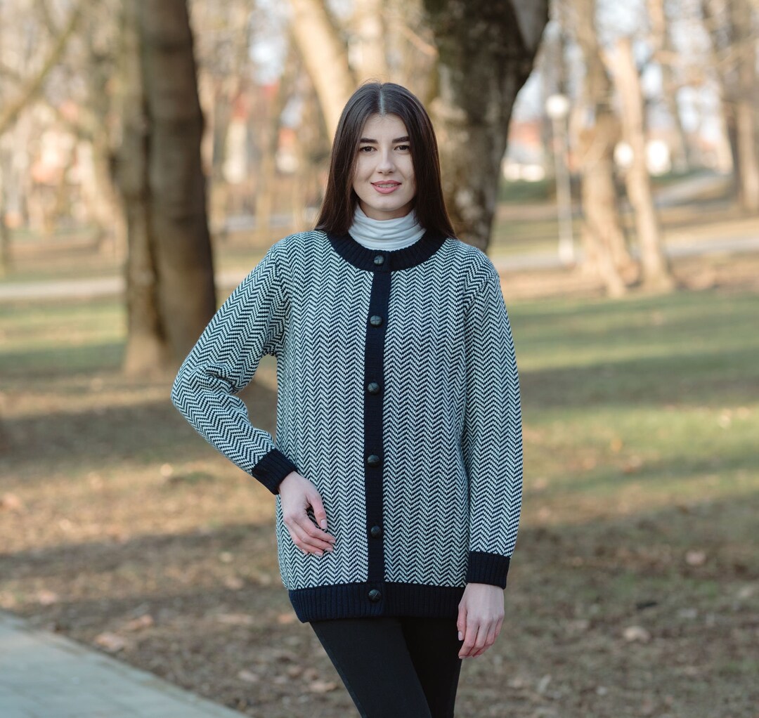 Herringbone Crew Neck Lumber Cardigan for Women Merino Wool Etsy