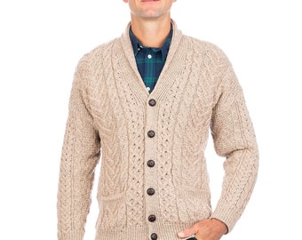 Aran Cable Knitted Shawl Collar Cardigan, Fisherman Buttoned Opened Sweater With Pockets In Three Colours: Skiddaw, Navy, Charcoal Gray