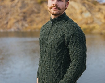 Men's Zip Neck Aran Fisherman Cable Knit Winter Outdoor Ireland Sweater — 100% Premium Merino Wool Jumper — Soft & Warm Knitted Pullover