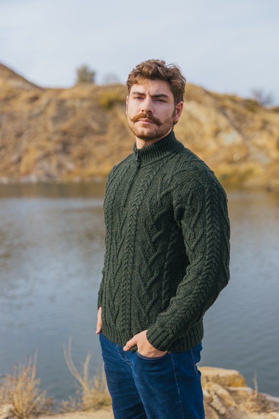 Men's Zip Neck Aran Fisherman Cable Knit Winter Outdoor Ireland Sweater  100% Premium Merino Wool Jumper Soft & Warm Knitted Pullover 