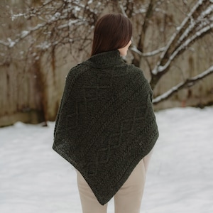 Saol Aran Fisherman Cowl Neck Poncho Shawl, 100% Premium Quality Merino Wool Ruana for Women, Made In Ireland image 2