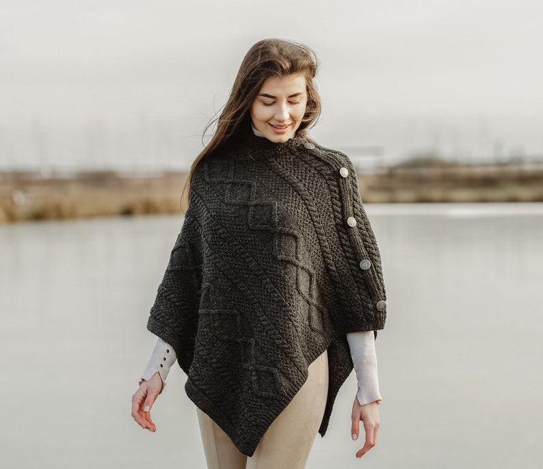 Saol Aran Fisherman Cowl Neck Poncho Shawl, 100% Premium Quality Merino Wool Ruana for Women, Made In Ireland Charcoal Grey