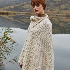 SAOL Aran Irish Cowl Neck Button Poncho Pull, Fisherman Three Buttoned Cowl Neck Poncho Ruana, 100% Merino Wool Cable Knit Poncho Parsnip