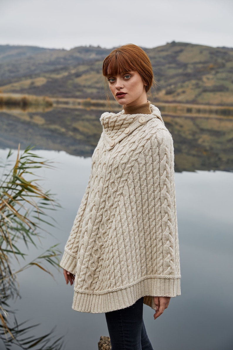 SAOL Aran Irish Cowl Neck Button Poncho Pull, Fisherman Three Buttoned Cowl Neck Poncho Ruana, 100% Merino Wool Cable Knit Poncho Parsnip