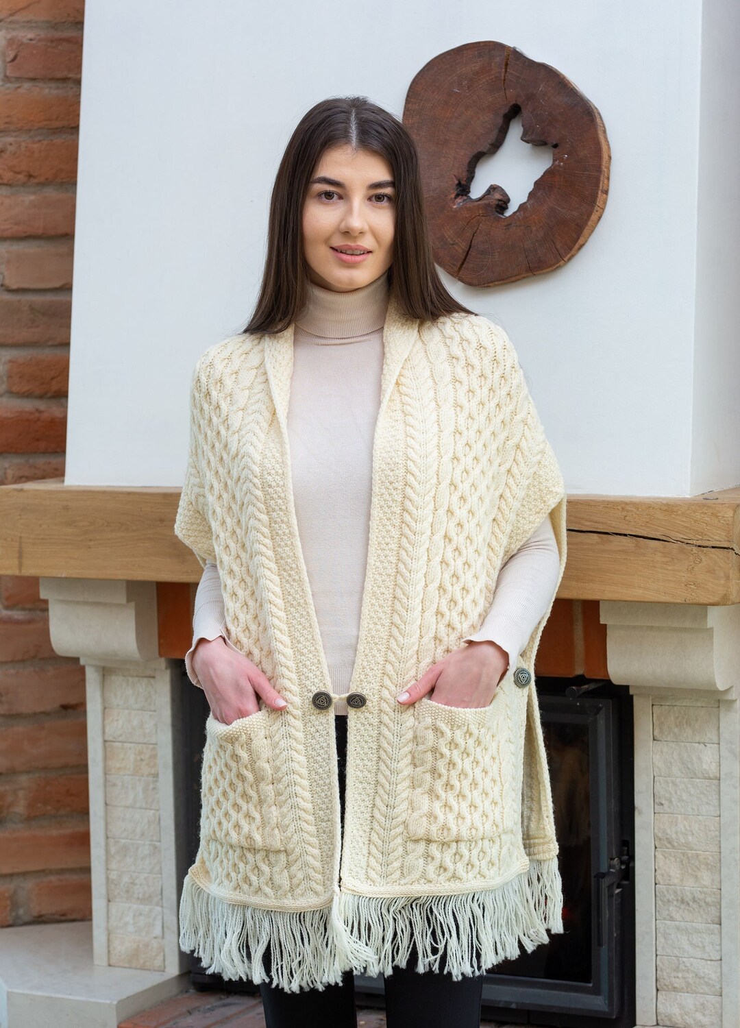 Saol Aran Knitted Shawl With Pockets, Merino Wool Cable Knit Ruana Wrap