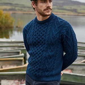 Aran Fisherman Cable Knit Sweater Jumper: 100% Merino Wool Heavyweight Pullover - Crewneck Cable Knit Jumper - Made in Ireland