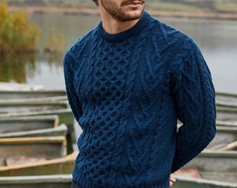 Aran Fisherman Cable Knit Sweater Jumper: 100% Merino Wool Heavyweight Pullover - Crewneck Cable Knit Jumper - Made in Ireland