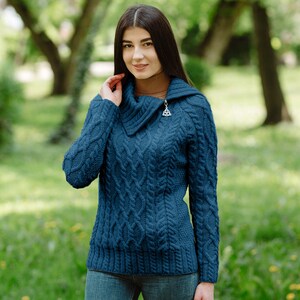 SAOL Irish Aran Traditional Half Zipper Neck Sweater for Women, Fisherman Turtleneck Zipped Jumper for Women, 100% Merino Wool Sweater Teal
