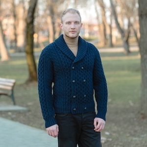 Irish Aran Fisherman Breasted Jacket Cardigan, 100% Merino Wool Cable Knit Heavyweight Sweater Cardigan, Shawl V-neck Collar Cardigan Men image 9