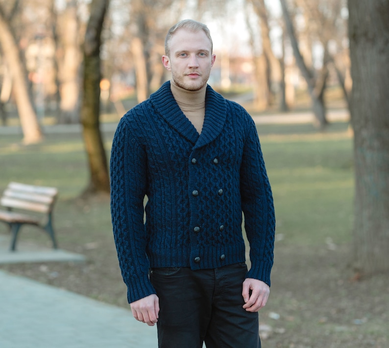 Irish Aran Fisherman Breasted Jacket Cardigan, 100% Merino Wool Cable Knit Heavyweight Sweater Cardigan, Shawl V-neck Collar Cardigan Men image 9