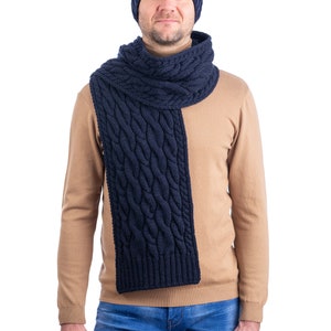 Aran Irish Wool Cable Knit Winter Scarf 100% Pure Merino Wool Shawl Super Soft, Warm, and Cozy Men Accessories Irish Aran Knitting Navy