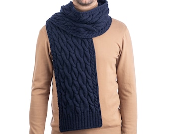 Aran Irish Wool Cable Knit Winter Scarf — 100% Pure Merino Wool Shawl — Super Soft, Warm, and Cozy Men Accessories — Irish Aran Knitting