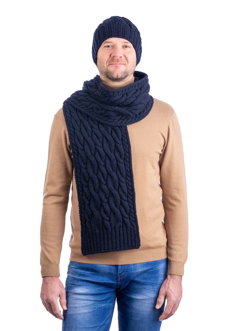 Aran Irish Wool Cable Knit Winter Scarf 100% Pure Merino Wool Shawl Super Soft, Warm, and Cozy Men Accessories Irish Aran Knitting Navy